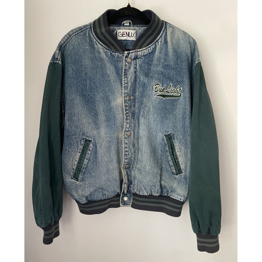 Bud Light Genus Denim Canvas Jean Bomber Jacket Mens L Vintage Beer Advertising‎